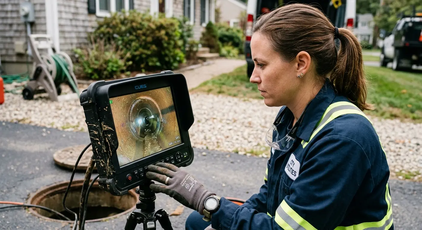 Technician reviewing sewer camera inspection footage in Greendale
