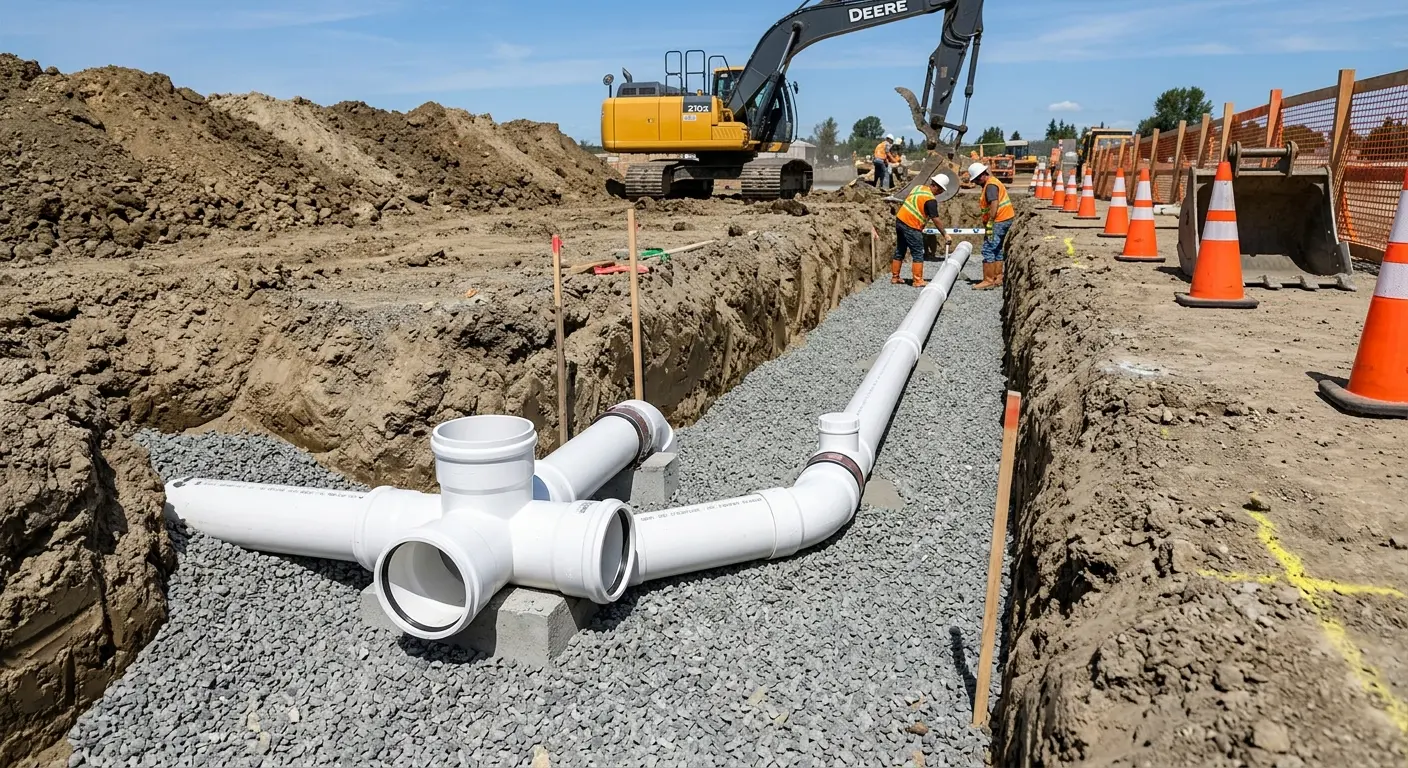 New PVC sewer pipe installation in open trench for Sewer Backup in Greendale