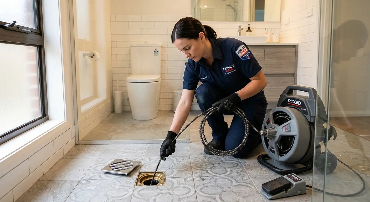Technician clearing a bathroom floor drain for Hydro Jetting in Greendale